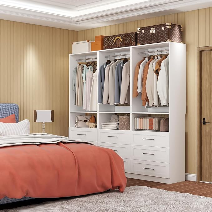 Dilando Closet System with Drawers, 6FT Wood Closet Organizer System 24" Walk-in Closet Corner Small Closets Storage Clothes Rack with Hanging Rods White (6FT)
