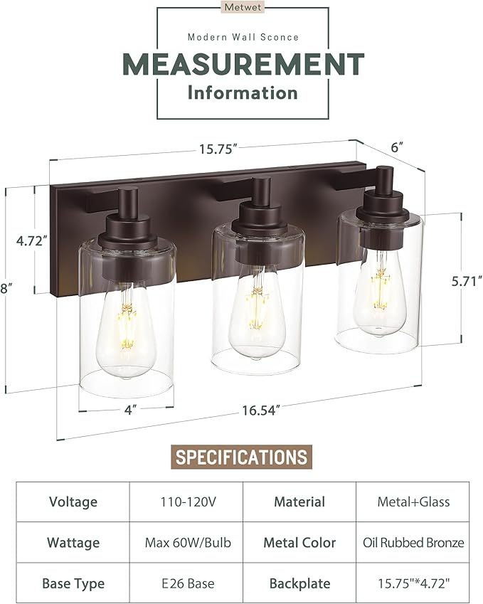 3-Light Bathroom Light Fixtures, Modern Vanity Light with Cylinder Clear Glass Shade, Vanity Lighting Fixtures Over Mirror, Oil Rubbed Bronze, VL143-ORB-3