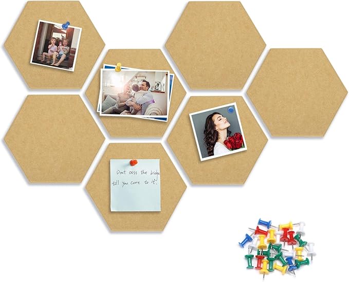 8 Packs Brown Hexagon Felt Pin Board, 12" Bulletin Board with 30 Push Pins, Felt Board for Home Kitchen Office Decor, Self-Adhesive Corkboard Tiles for Walls School Message Photos Memos