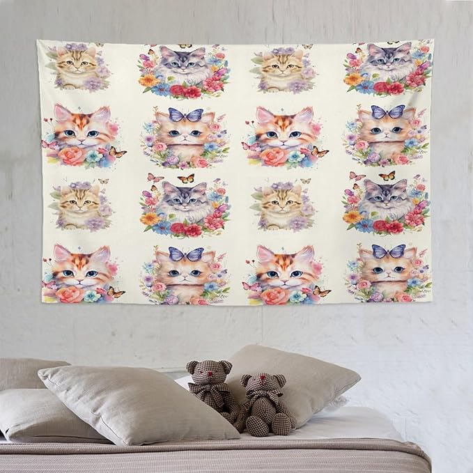 VUMIVI Watercolor Flower Cat Tapestry Colorful Cartoon Cute Animals Butterflies Abstract Art Print Tapestry Wall Hanging for Living Room Bedroom Dorm Classroom Aesthetic Decor W90xL60in