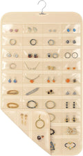 Hanging Jewelry Organizer for Closet with Swiveling Hanger, 17 x 30 In, 80 Clear Pockets Jewelry Organizer Hanging for Jewelries, Earrings, Accessories (Beige)