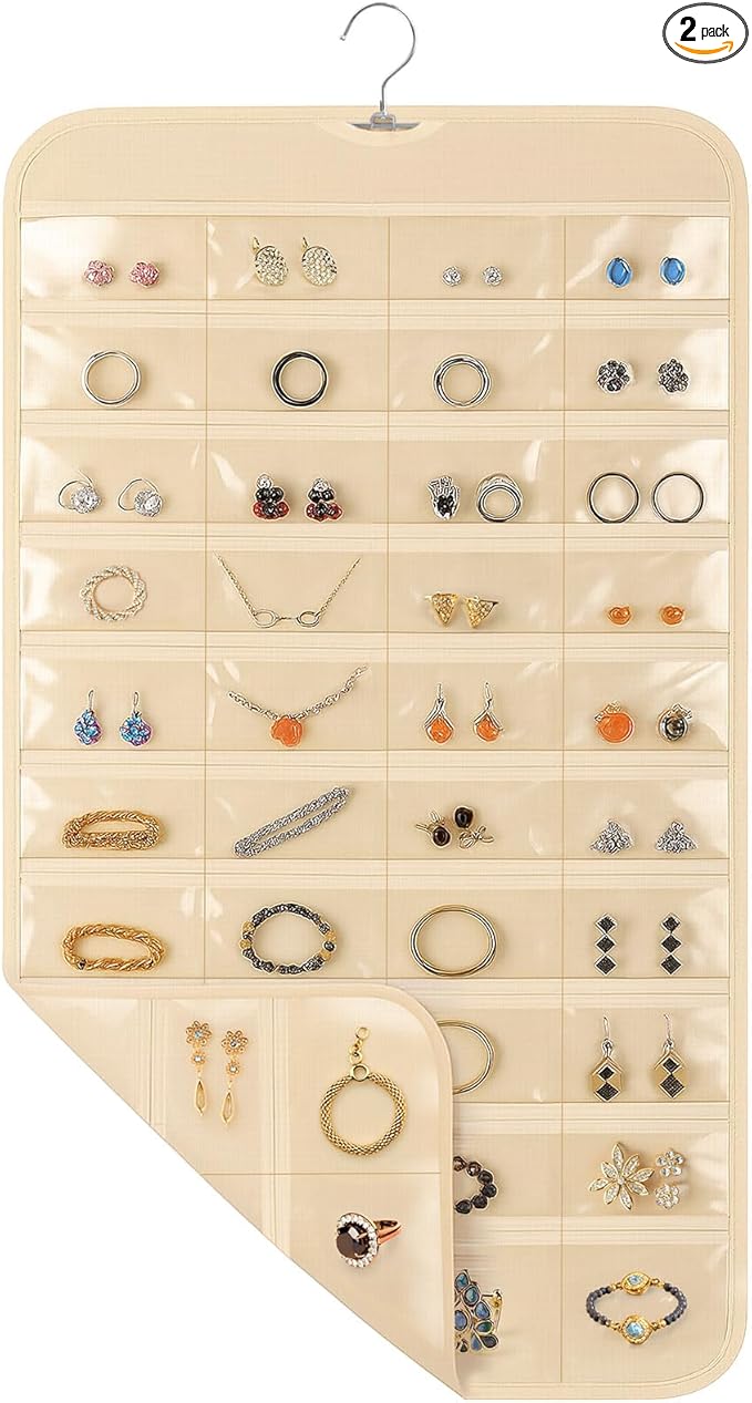 Hanging Jewelry Organizer for Closet with Swiveling Hanger, 17 x 30 In, 80 Clear Pockets Jewelry Organizer Hanging for Jewelries, Earrings, Accessories (Beige) (2, Beige)