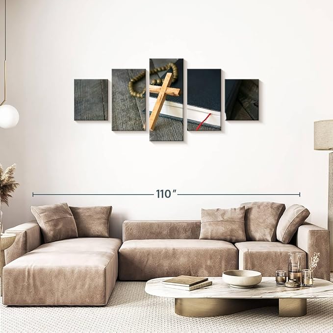 Elephant Stock Cross Canvas - 5 Panel Christian Pictures Decor - Canvas Print Wall Decor - Christian Cross Wall Art - 74" X 34"