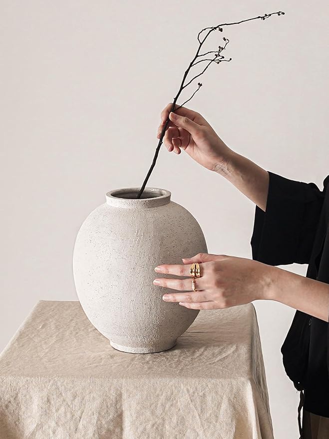 Large White Ceramic Vase - 9.8 Inch Rustic Farmhouse Vase for Home Decor, Minimalist Tall Vases for Living Room, Table, Bathroom, Holiday & Weddings (Sandstone White)