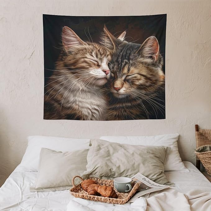 VUMIVI Cat Tapestry Adorable Animals Two Kittens Snuggling Together Vintage Print Realistic Design Tapestry Wall Hanging for Living Room Bedroom Dorm Classroom Aesthetic Decor W60xL50in