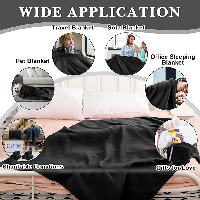 Newwiee 12 Pcs Fleece Throw Blankets Bulk 50'' x 60'' Oeko-tex Standard 100 Certified Spring Outdoor Wedding Guest Blankets Lightweight for Sleepover Donation Lap Pet Sofa Home (Black)