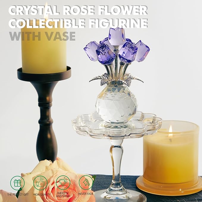 Crystal Purple Rose Figurines Crystal Rose Flowers Gifts for Women Glass Flower Ornament for Christmas