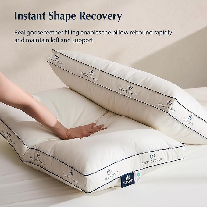 Pacific Coast Goose Feather and Down Bed Pillows for Side and Back Sleepers, King Size Set of 2, 100% Organic Cotton Cover, Firm Pillows, Gusseted Pillows of Hotel Collection