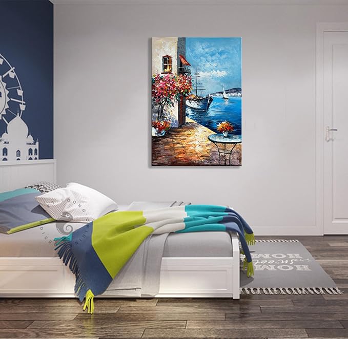 Alenoss Handmade Mediterranean Landscape Painting - 28x40 Inches Large 3D Wall Art for Home Decorations - Framed Abstract Canvas Wall Art - Contemporary Texture Wall Decor