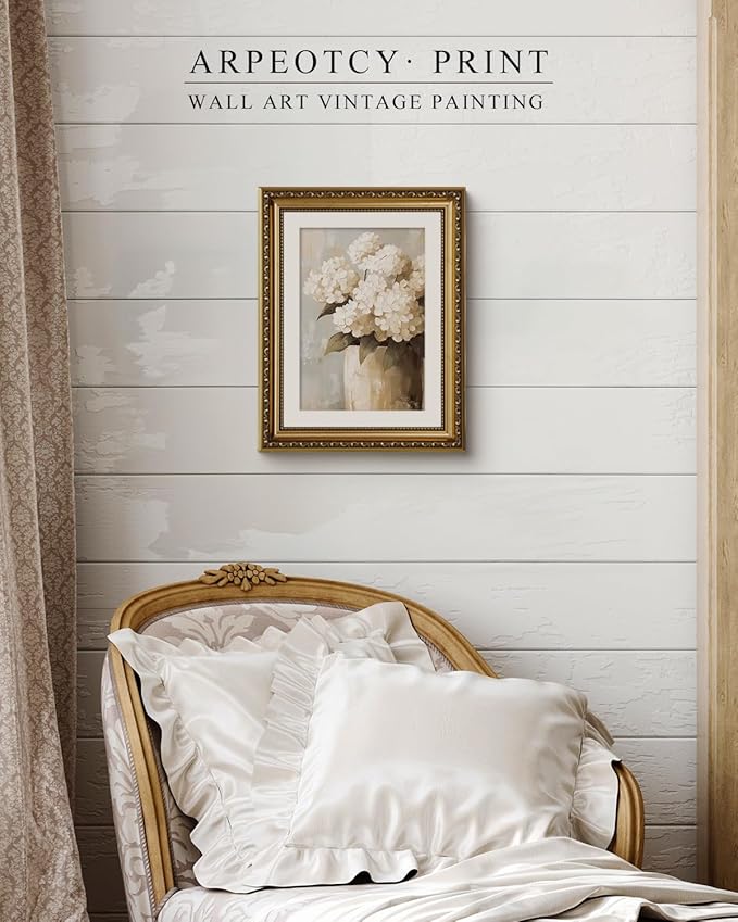 ARPEOTCY Vintage Gold Framed Wall Art Decor, 11x14 Inch Retro White Hydrangeas Prints, Farmhouse Floral Wall Art for Living Room Bedroom, Botanical Bathroom Decor Aesthetic