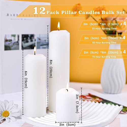 12 Pcs White Pillar Candles Bulk,2x3 2x6 2x8 Inch-4 Each Size,Large Christmas Pillar Candles Set of 3,Unscented Dripless Smokeless Hurricane Candles for Wedding Engagement Party Event Ceremony