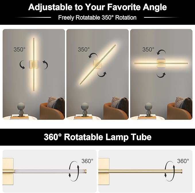 Battery Operated Wall Sconce Set of Two with Remote Control, 3000K-6000K Dimmable Gold Wall Lights, Timable LED Wireless Wall Sconces, 350° Ratate for Bathroom, Living Room, Hallway 29.1 Inch