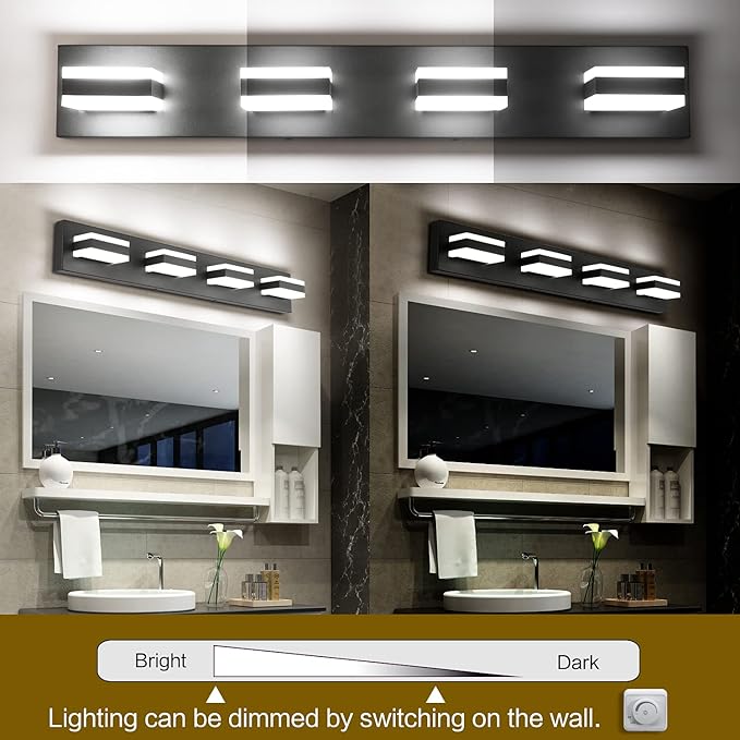 SOLFART Black Bathroom Light Fixtures 4 Lights Bathroom Vanity Light LED Dimmable Matt Black Vanity Lights 32W Cool White 6000K & 0%-100% Brightness Dimmable