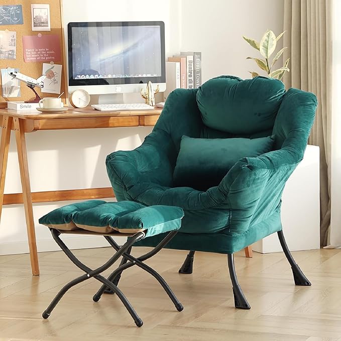 Lazy Chair with Ottoman, Modern Accent Chair with Lumbar Pillow, Velvet Dark Green Sofa, Lounge Chairs with Folding Footrest, Oversized Supportive Chairs for Bedroom, Reading