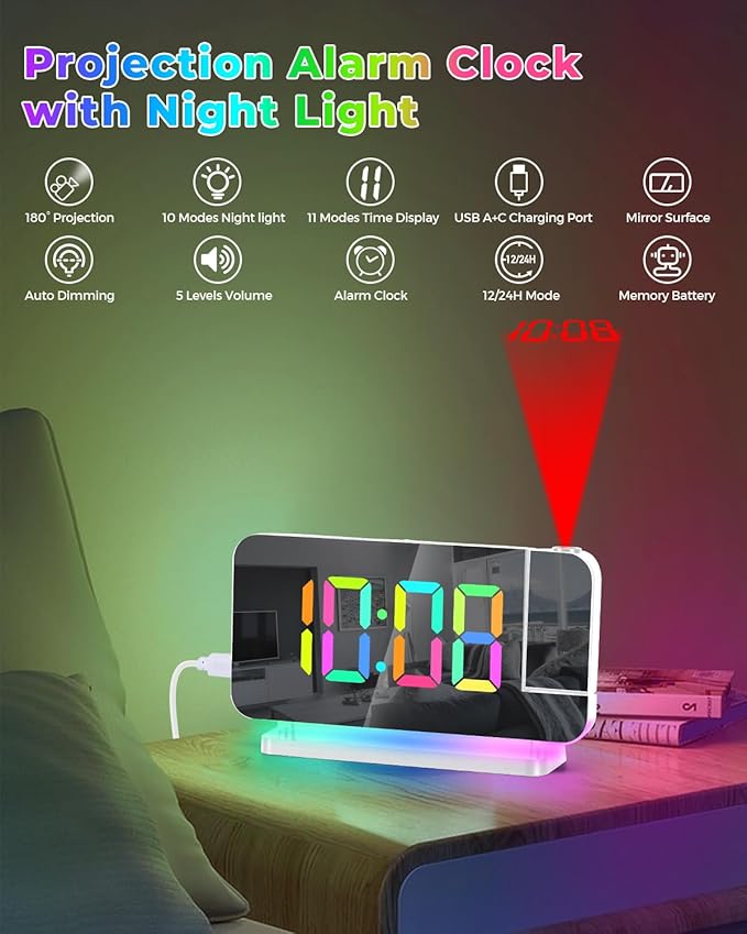 SZELAM Projection Alarm Clock,7.4" LED Mirror Digital Clocks Large Display,with 180° Rotatable Projector,RGB Night Light,USB C Port,Auto Dimming,Modern Desk Clock for Bedroom Decor - White