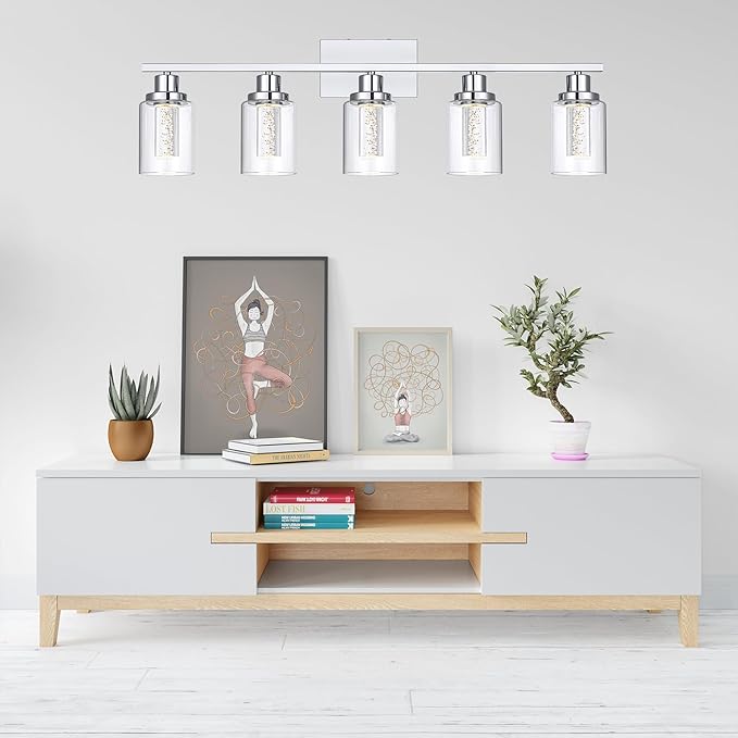 MELUCEE 5 Color Dimmable Bathroom Vanity Light Fixtures 5-Light Bath Wall Lights Modern LED Vanity Lights for Bathroom Chrome with Crystal Bubble Clear Glass Shade, Built-in LED Chips