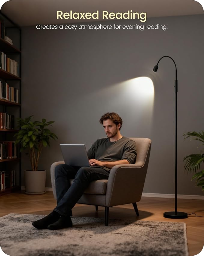 Reading Floor Lamp, 74.2" Tall LED Lamp with, 360° Flexible Gooseneck & Touch Control, 5000K 6W LED, Sturdy Base, Crafts Standing Lamp, for Reading, Living Room, Matte Black B16LD05