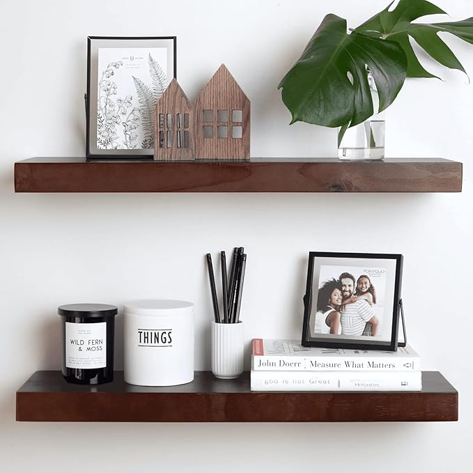 Homeforia 24inch Walnut Floating Shelves for Wall, High End Solid Real Wood 24in Floating Shelf for Bathroom, Dark Brown 24 inch Long Floating Shelves, Heavy Duty Bracket, 24 X 6.5 X 1.75 in, Set of 2