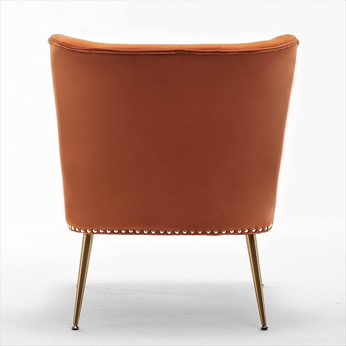 Thia Armless Velvet Accent Chair for Living Room, Elegant Seat with Nailhead Trim, Gold Metal Legs and Comfortable Curved Back, 28" D x 25" W x 29.5" H, Orange Red