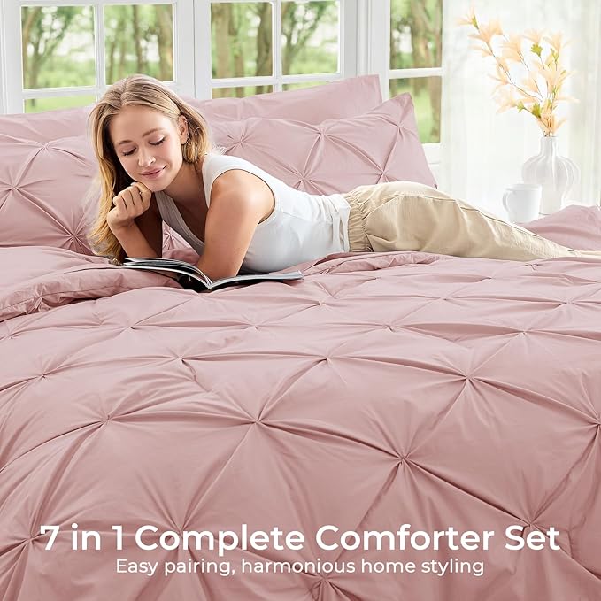 Sasttie Full Size Comforter Set, 7-Piece Bed in a Bag, Pintuck Bedding Set for All Season, Includes Comforter, Flat Sheet, Fitted Sheet, Pillowcases and Pillowshams, Rose Gold