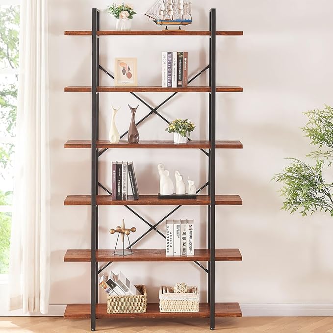 HSH 6 Tier Solid Wood Bookshelf, Industrial Wood and Metal Tall Large Etagere Bookcase and Storage Shelves, Rustic Open Natural Real Wooden Book Shelf for Bedroom Living Room, Distressed Brown