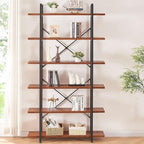 HSH 6 Tier Solid Wood Bookshelf, Industrial Wood and Metal Tall Large Etagere Bookcase and Storage Shelves, Rustic Open Natural Real Wooden Book Shelf for Bedroom Living Room, Distressed Brown