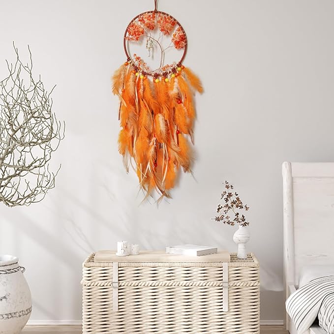 Orange Dream Catcher Wall Decor Crystal Tree of Life Dream Catchers Handmade Feather Dreamcatcher Wall Hanging Ornament for Bedroom Living Room Home Decor