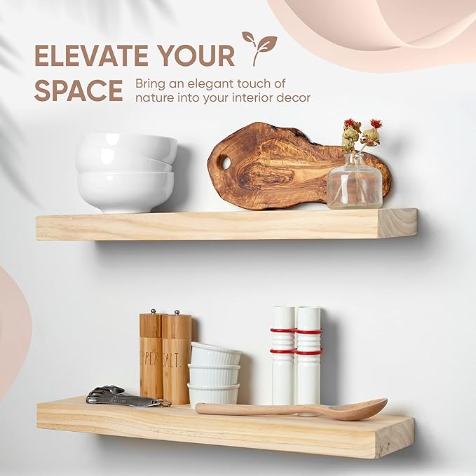 Homeforia 24 inch Wood Floating Shelves, High End Solid Natural Wood 24inch Floating Shelf for Wall, Unfinished Wooden 24 inches Floating Shelves, Heavy Duty Bracket, 24 X 6.5 X 1.75 in, Set of 2