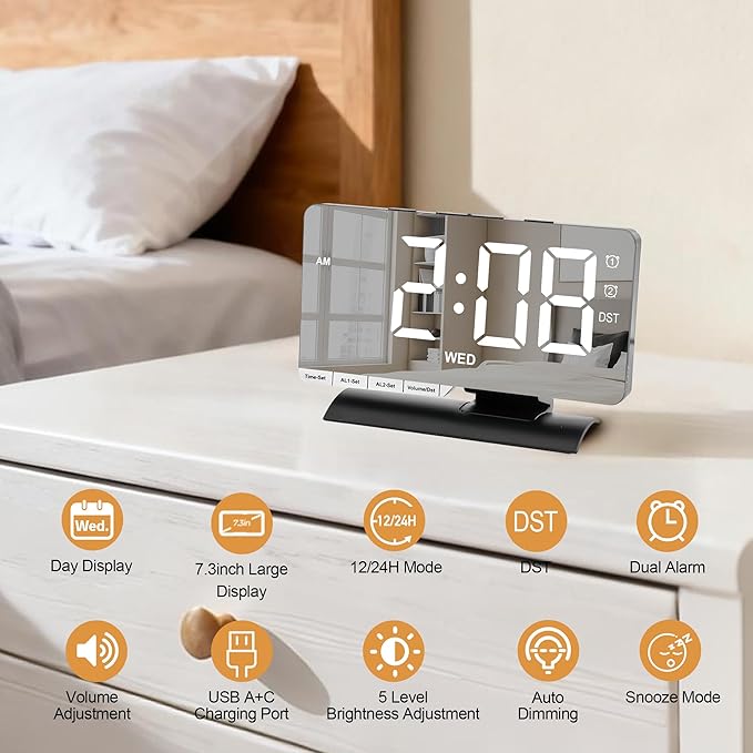 SZELAM Digital Clock,Alarm Clock Bedside,7.3'' Large LED Mirror with Date Display,Dual Alarm with 3 Mode,Brightnee Adjust,DST,Snooze Function,USB C Charging Port,5 Levels Volume for Desk Bedroom Teens