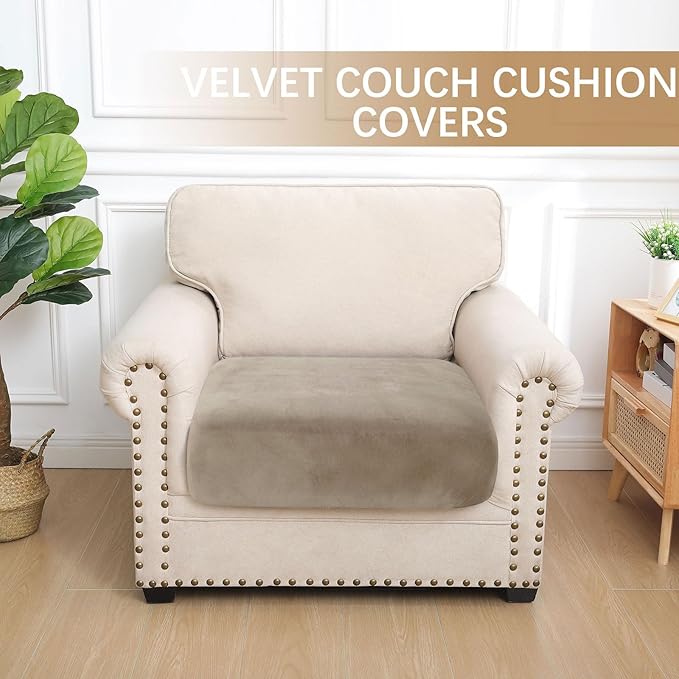 hyha Velvet Couch Cushion Covers, Soft Sofa Seat Covers for sectional Cushion Couch Washable, Magic Sofa Slipcover with Elastic Bottom, Non-Slip Furniture Protector for Pets, Kid(Small, Taupe)