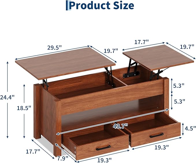 IDEALHOUSE 47.2" Coffee Table with Storage, Multi-Function Lift Top Coffee Table with Wooden Lift Tabletop, 2 Drawers and Hidden Compartment, Central Table for Living Room Home Office, Brown
