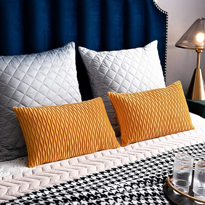 Fall Golden Yellow Couch Pillow Covers: 2 Pack 12x20 Inch Original Striped Polyester Rectangular Throw Pillow Cases for Farmhouse Home Decor