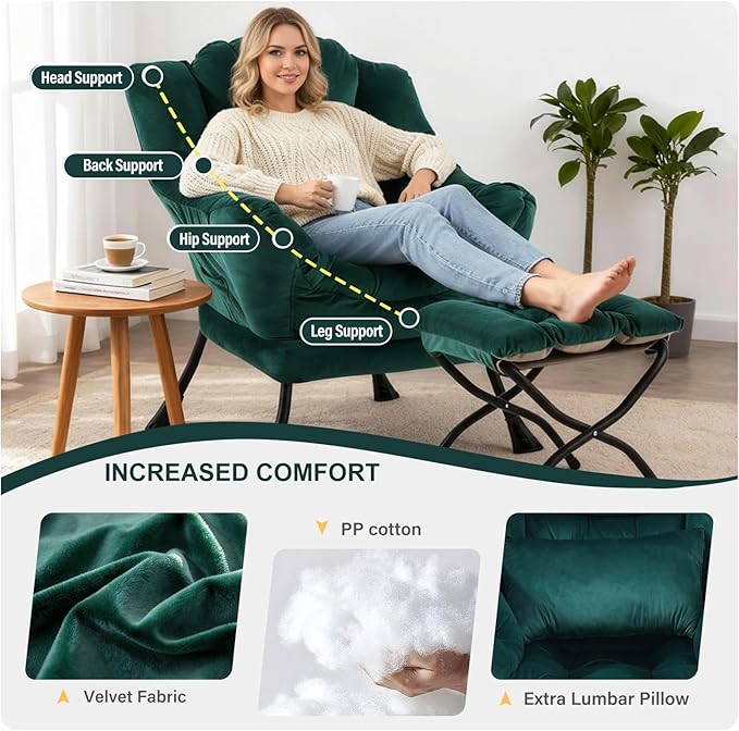 Lazy Chair with Ottoman, Modern Accent Chair with Lumbar Pillow, Velvet Dark Green Sofa, Lounge Chairs with Folding Footrest, Oversized Supportive Chairs for Bedroom, Reading