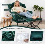 Lazy Chair with Ottoman, Modern Accent Chair with Lumbar Pillow, Velvet Dark Green Sofa, Lounge Chairs with Folding Footrest, Oversized Supportive Chairs for Bedroom, Reading