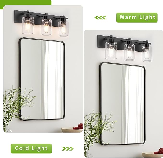 Espird Bathroom Vanity Light,3 Light Matte Black Light Fixture with Thickened Seeded Glass Shade, 21 inch Modern Wall Sconce,Vanity Light Over Mirror for Bathroom