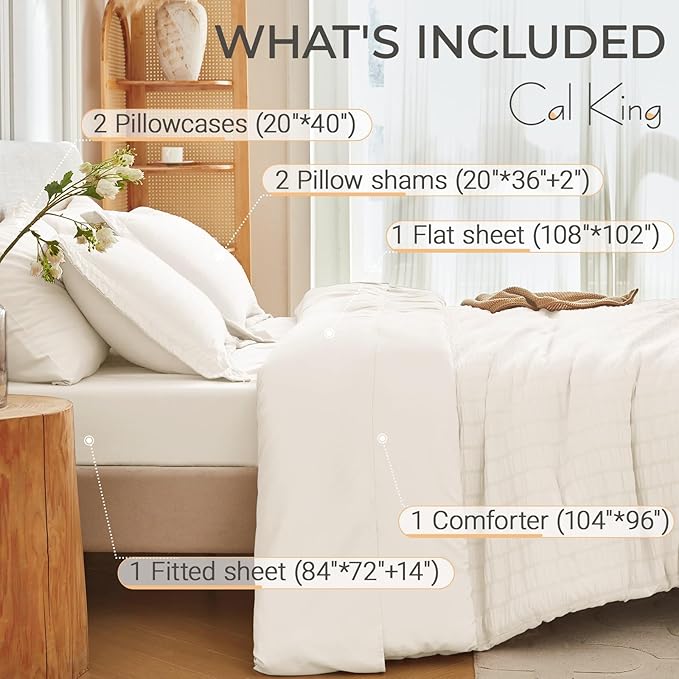 MUXHOMO 7 Pieces California King Comforter Set, Seersucker Bed in a Bag Cal King Size, All Season Luxury Bedding Set with Comforter, Flat Sheet, Fitted Sheet, Pillowcases & Shams, Ivory