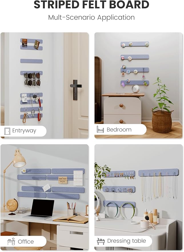 Fluxynara Cork Board Alternative Felt Strip Board 8-Pack 13"x2", Office Pin Board with 50 Push Pins, Adhesive Install for Bedroom Door & Home Office(Soft Periwinkle)