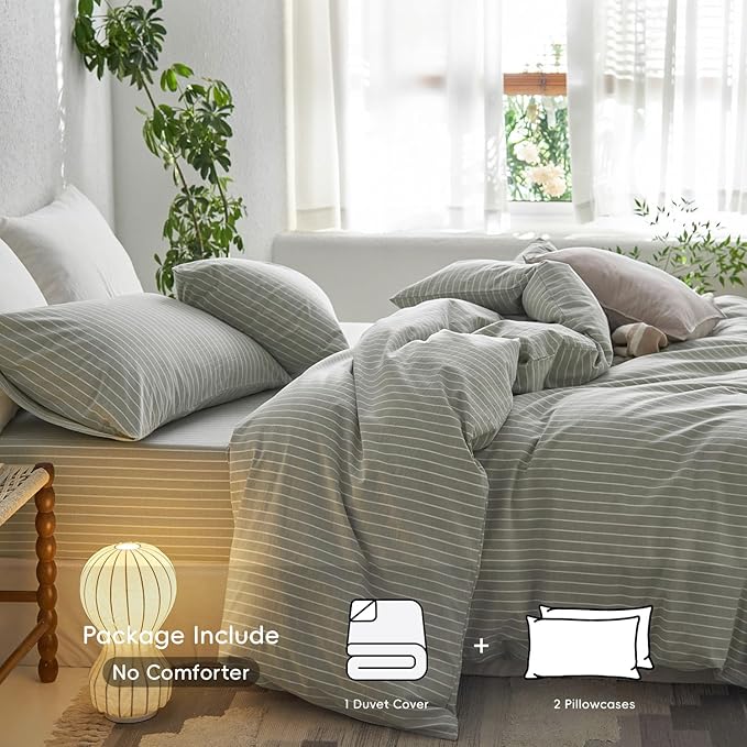 MooMee Striped Duvet Cover Set 100% Washed Cotton Linen Like Textured Breathable Durable Soft Comfy (Sage Green White Wide Stripes, King 104"x90")