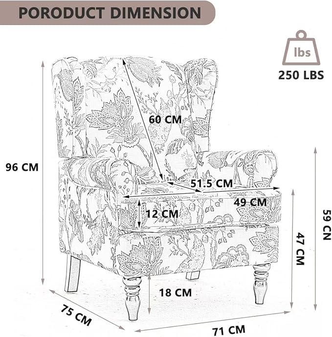 KEIKI Floral Accent Chair for Living Room - Stylish Vintage Elegance with Retro Wood Legs, Upholstered Armchair for Modern Comfort