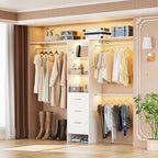 Walk in Closet Organizer System with 3 Extendable Hanging Rods, Built-in Garment Rack with 6 Shelves, Wall Mounted Clothes Organizers Storage Systems for Bedroom