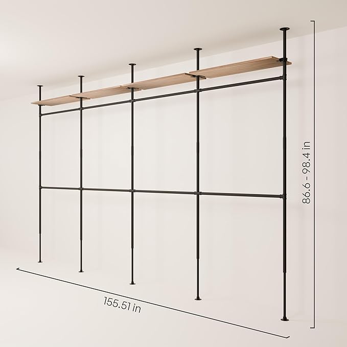 pamo Industrial Pipe Clothing Rack with Shelf - 660 lbs Capacity - Clamping Clothes Rack and Walk In Closet with Oak Shelf for Wardrobe