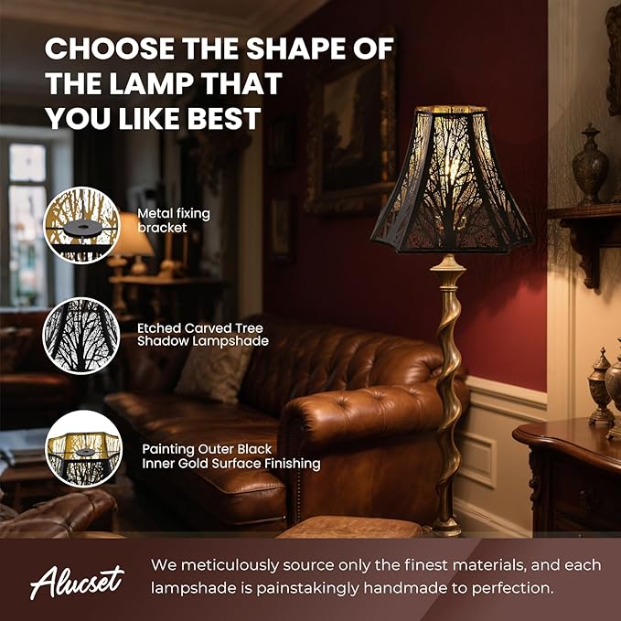 ALUCSET Octagonal Lamp Shade, 6.2×13×10.8" Large Black and Gold Lamp Shade Replacement for Table Lamps and Floor Lamp, Large Lampshade with Etching Progress Tree Pattern Metal Spider Fitter