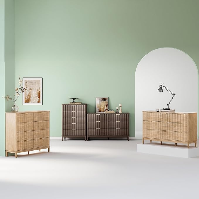 LINSY Fluted 9 Drawer Dresser for Bedroom, 58" Wide Mid-Century Modern Tall Chest of Drawers, Deep Storage Dresser with Curved Corner Design, Large Accent Wood Cabinet for Bedroom, Oak