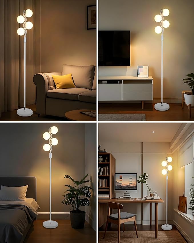 White Globe Floor Lamp Dimmable Tall Standing Lamps with Soft Warm White 3000K Bulbs, Mid Century Modern Floor Lamp for Living Room Bedroom Home Decor