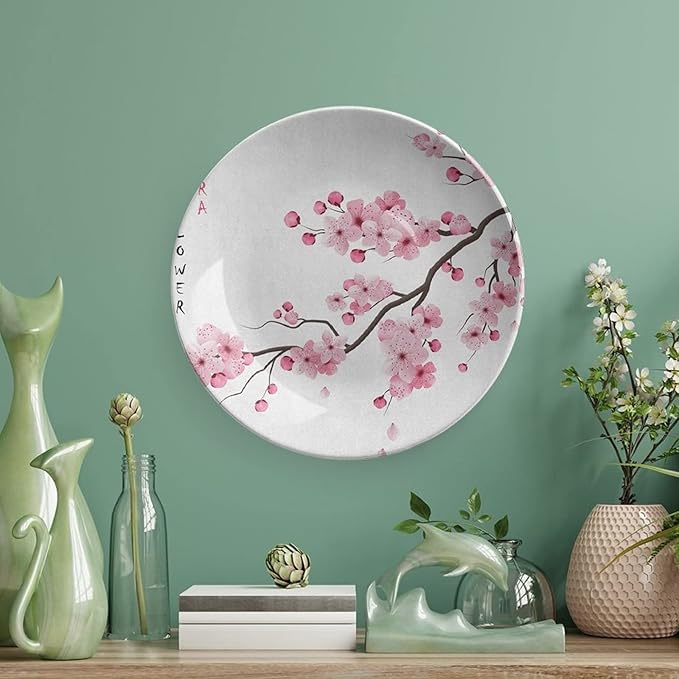 Ceramic Display Plate, Asian Ceramic Hanging Decorative Plate, Japanese Cherry Blossoms Spring Themed, 10 Inch, Living Room Kitchen Decoration Household, Pink White