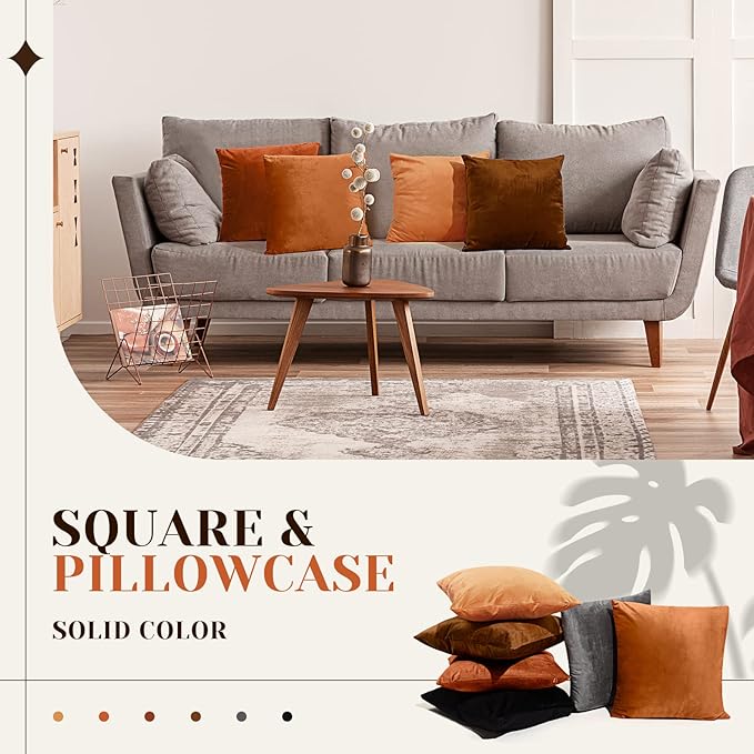 Pack of 6 Decorative Velvet Throw Pillow Covers Solid Square Soft Pillowcase Set Cushion Cases for Sofa Couch Bed Car Christmas Fall Home Decor 18 x 18 inch(Orange Color Scheme)