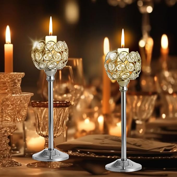 Crystal Metal Tealight Candlestick, Bling Bowl Candelabras, Tall Crystal Candle Holders Elegant Candle Centerpiece for Dining Table Wedding Home Mantel Decor(Silver, 4Sets(12 Pcs))