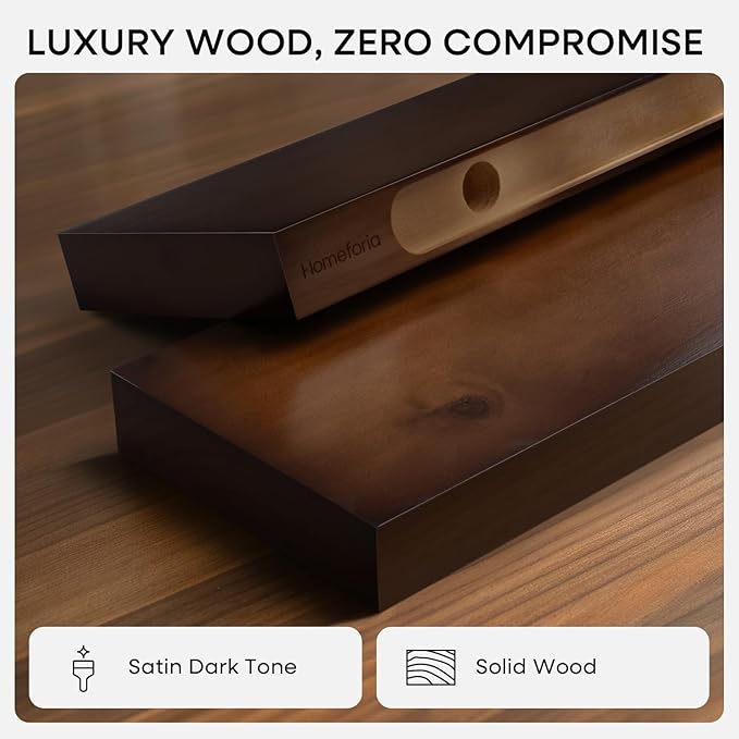 Homeforia 24inch Walnut Floating Shelves for Wall, High End Solid Real Wood 24in Floating Shelf for Bathroom, Dark Brown 24 inch Long Floating Shelves, Heavy Duty Bracket, 24 X 6.5 X 1.75 in, Set of 4