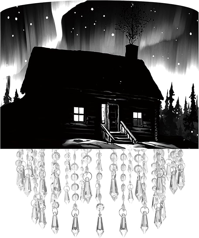 Northern Aurora Cabin Lamp Shade with Acrylic Bead Droplets, Black & White Drum Fabric Light Shade for Ceiling Pendant Table & Floor Lamps, Winter Landscape Decor, 11.8in