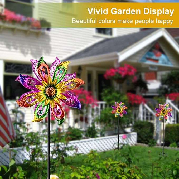 Solar Wind Spinner, 60.6 Inch Outdoor Metal Stake Yard Spinners, Sunflower Garden Outdoor Decor Yard Lawn Art Decor for Patio Kinetic Windmills Unique Gifts for Friends and Family